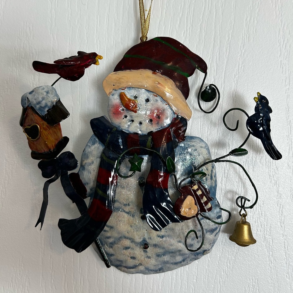 Charming Tin / Metal Snowman Ornament with Red and Green Accents